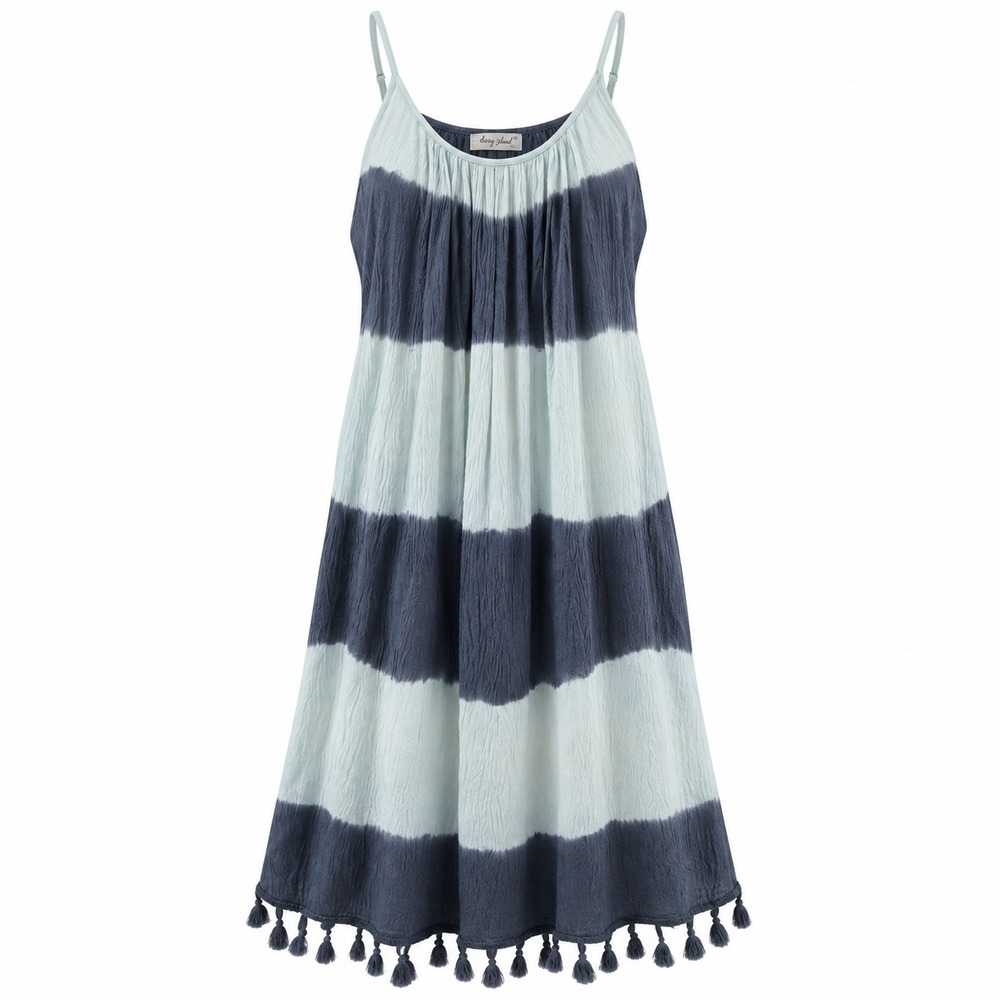Daisy Island Tie Dye Midi Dress Women Large Blue White Tassel Trim Crinkle Gauze